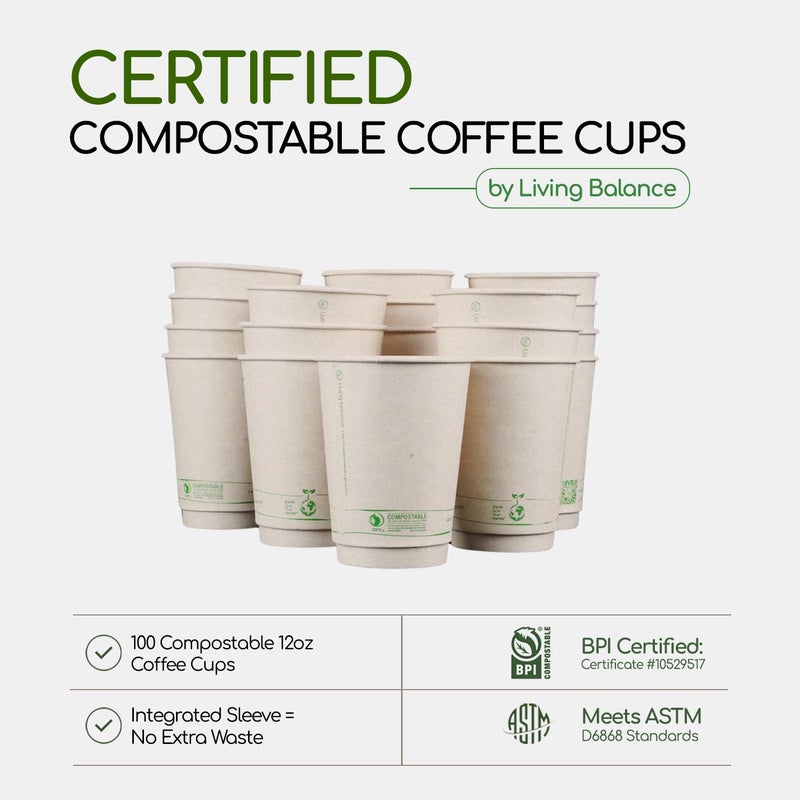 LB LIVING BALANCE Living Balance Certified Compostable Coffee Cups 12 oz â€“ 100 Pack Cups with Integrated Sleeves | Leak Proof, BPA-Free & CPLA Certified Plant-based | To-Go cup for Hot & Cold Drinks - Image 2